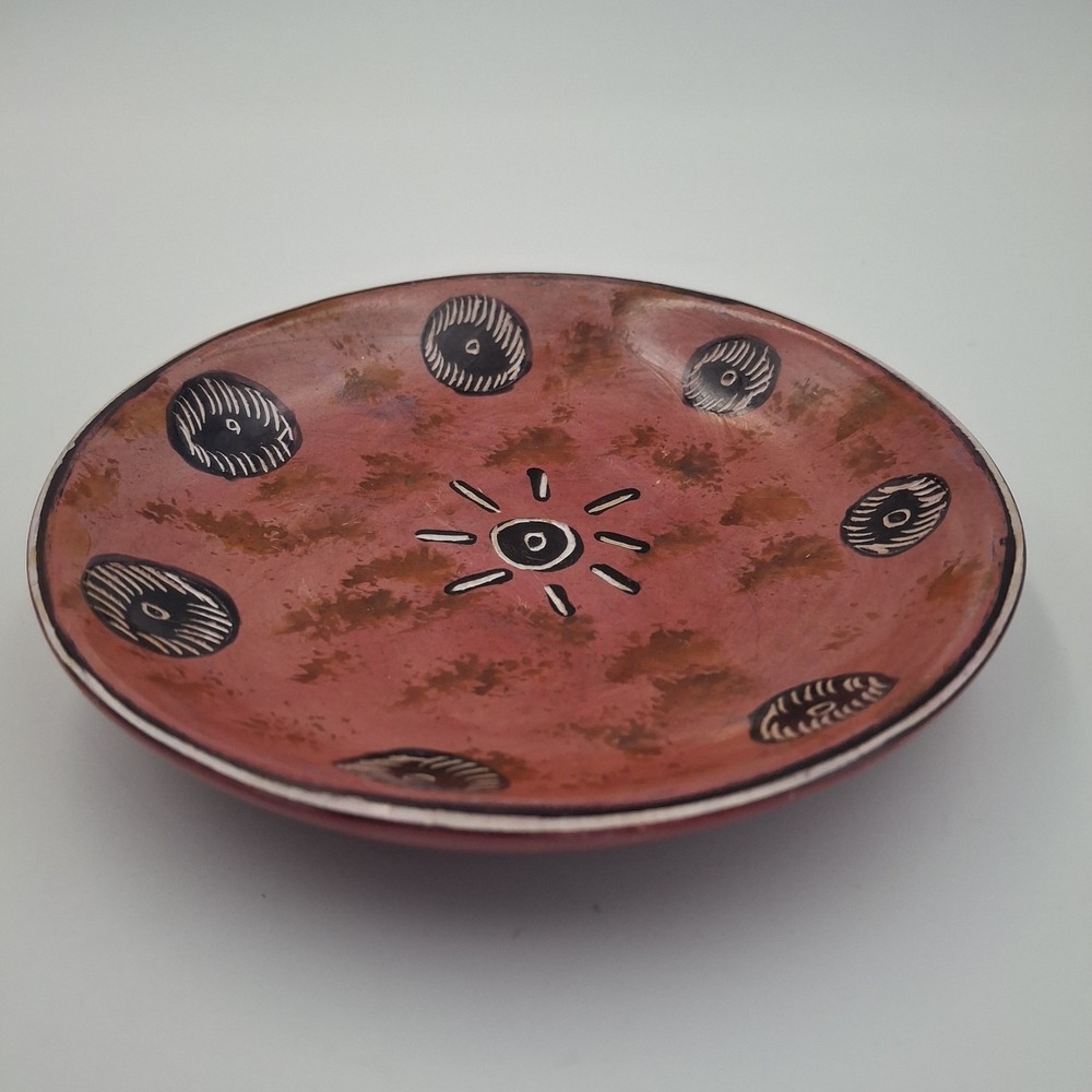 Vintage Southwest Redware Pottery‎ Plate Hand Etched Sun Sgraffito 6" Folk Art